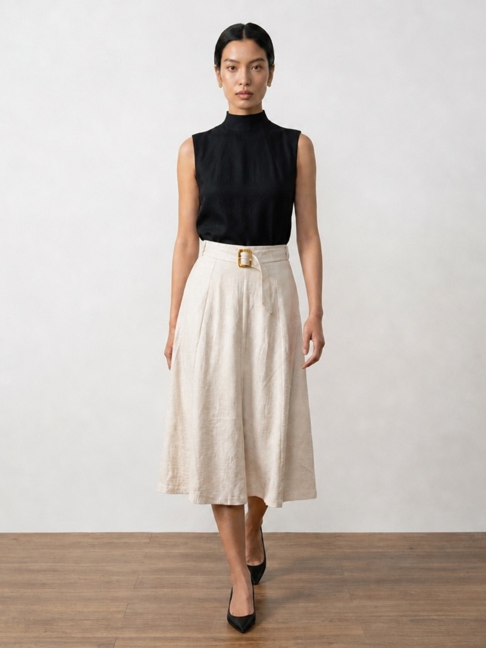High-Waist Cream Midi Skirt Tonal Belt/Quiet Luxury/Minimalist/Neutral/Coastal